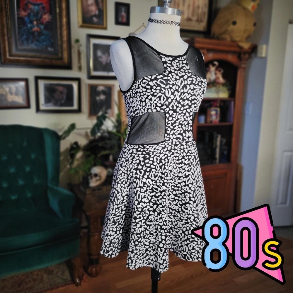 Vintage 80s‎ Coco Avante Leopard Print Mesh Cutout Fit Flare Women's Dress
